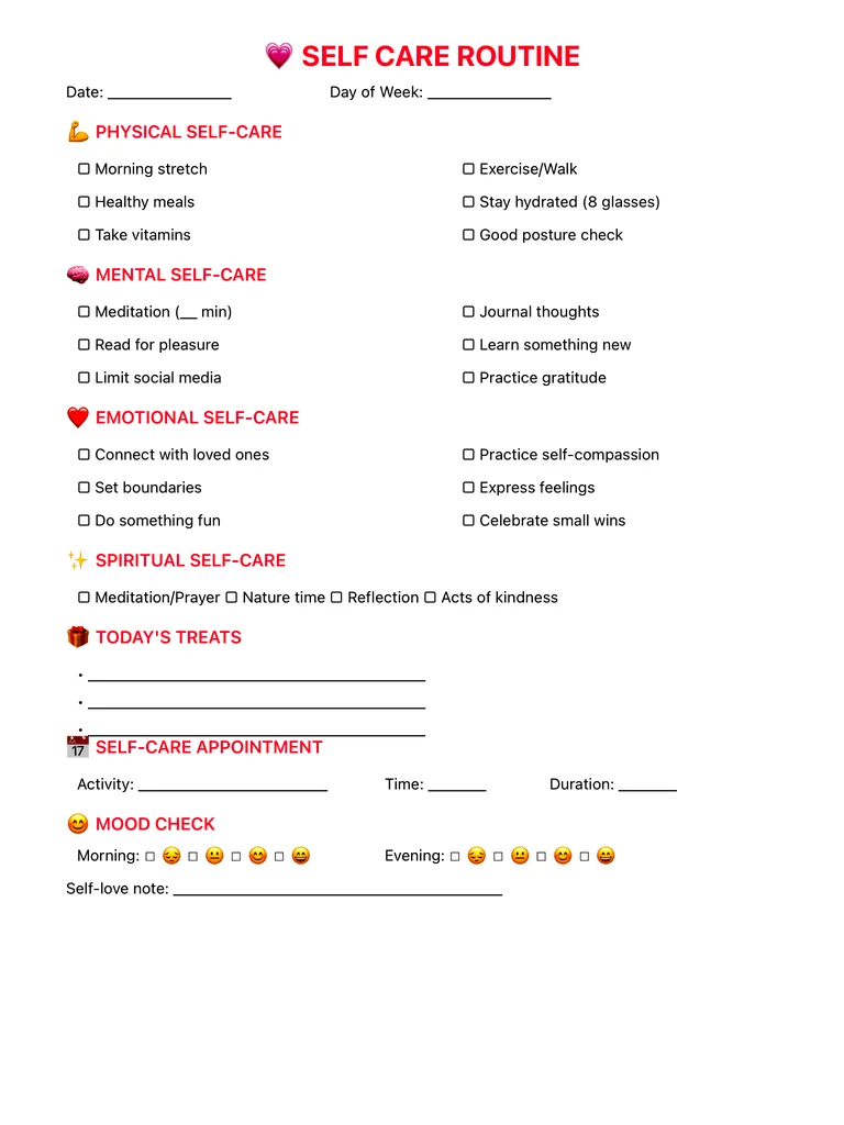 Self Care Checklist template preview